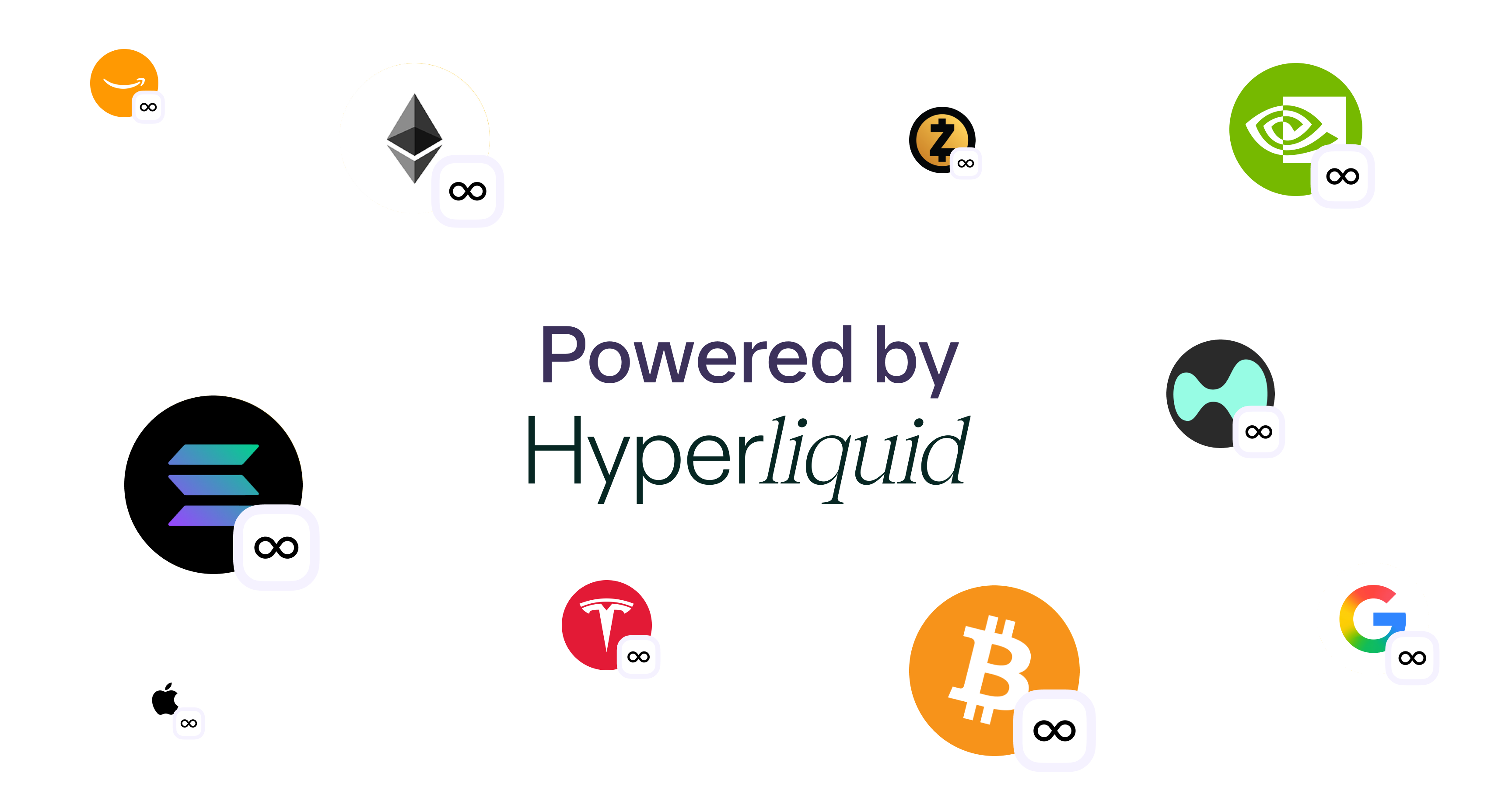 The text "Powered by Hyperliquid" surrounded by logos of Amazon, Ethereum, NVIDIA, Solana, Apple, Tesla, Bitcoin, Google, and Ripple, each featuring an infinity symbol.