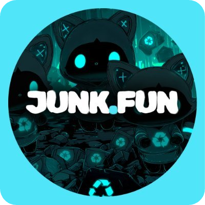 Circular JUNK.FUN logo with dark, hooded cat-like figures with glowing blue eyes and recycle symbols, set against a dark, glowing blue junk background.