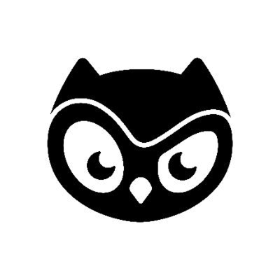 Black owl icon with white eyes and beak.