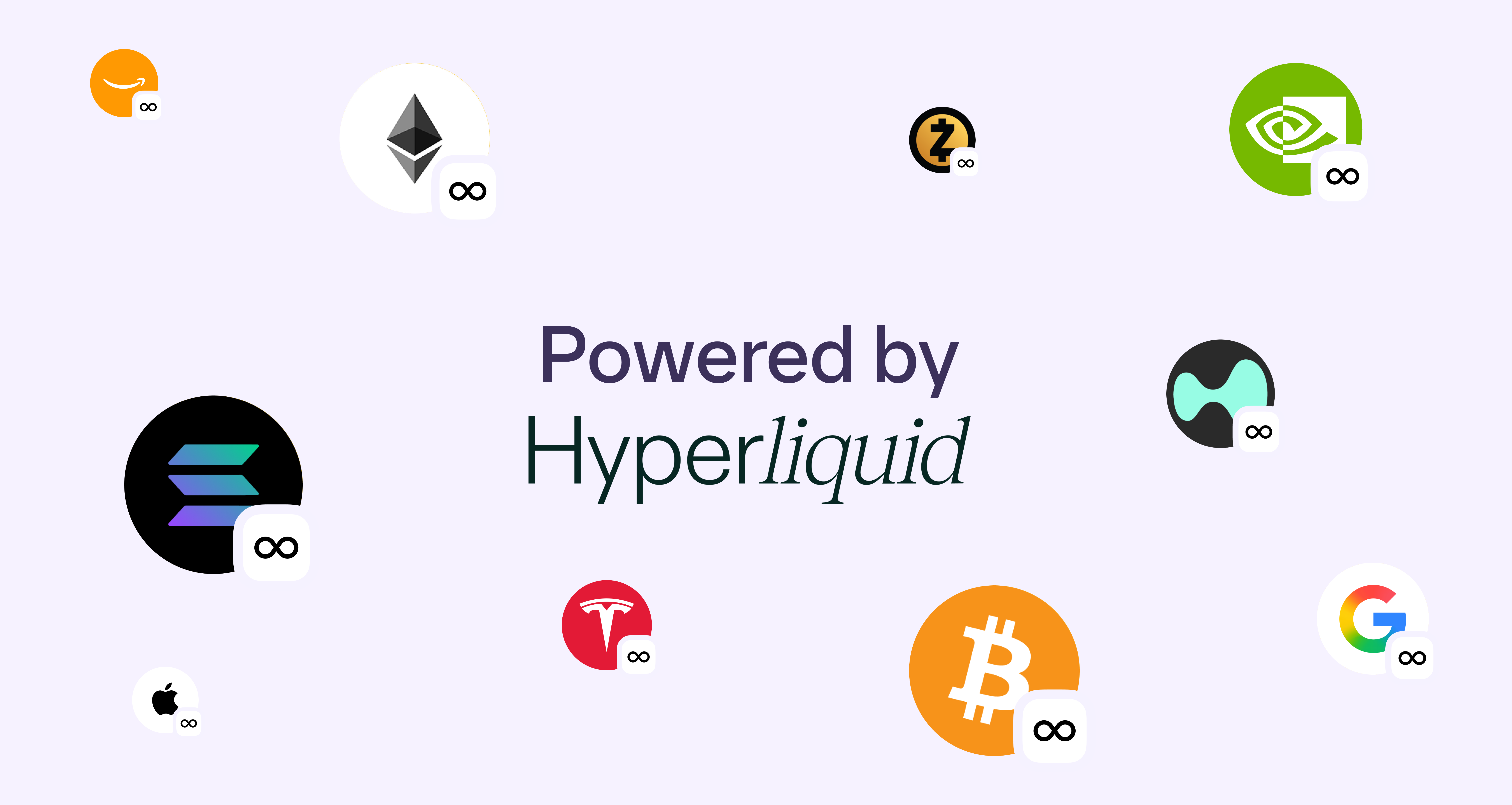 The text "Powered by Hyperliquid" is surrounded by logos of tech companies and cryptocurrencies, including Amazon, Apple, Google, Tesla, Bitcoin, and Ethereum, each with an infinity symbol.